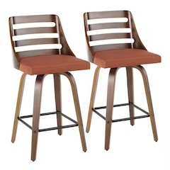 Walnut Wood, Orange Fabric, Black Metal Trevi Counter Stool - Set of 2