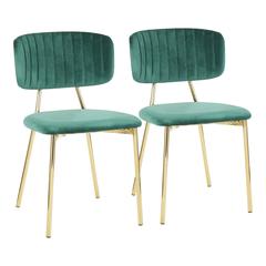 Gold Metal, Green Velvet Bouton Chair - Set of 2
