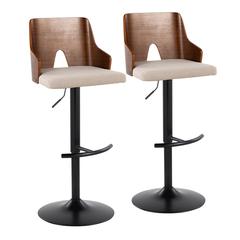 Black Metal, Walnut Wood, Beige Fabric Ariana Adjustable Barstool - Set of 2
