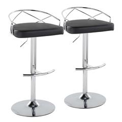 Chrome Metal, Black PU Charlotte Glam Adjustable Barstool - Set of 2