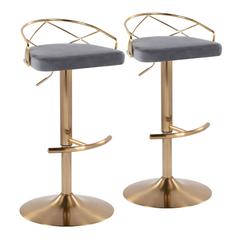 Gold Metal, Grey Velvet Charlotte Glam Adjustable Barstool - Set of 2