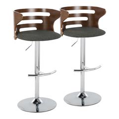 Chrome, Walnut Wood, Charcoal Fabric Cosi Adjustable Barstool - Set of 2