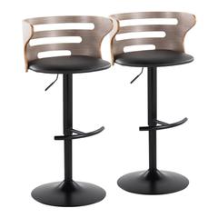 Black Metal, Light Grey Wood, Black PU Cosi Adjustable Barstool - Set of 2