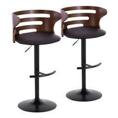 Black Metal, Walnut Wood, Brown PU Cosi Adjustable Barstool - Set of 2