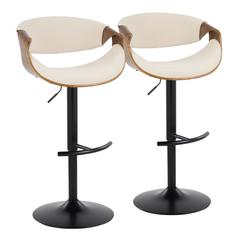 Walnut Wood, Cream Fabric, Black Metal Curvo Adjustable Barstool - Set of 2