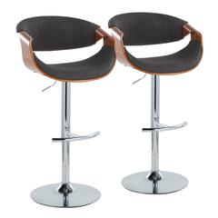 Walnut Wood, Charcoal Fabric, Chrome Metal Curvo Adjustable Barstool - Set of 2