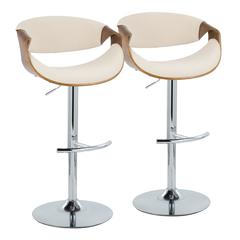 Walnut Wood, Cream Fabric, Chrome Metal Curvo Adjustable Barstool - Set of 2