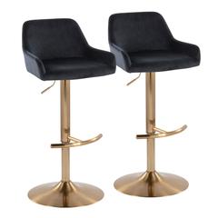 Gold Metal, Black Velvet Daniella Adjustable Barstool - Set of 2
