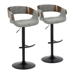 Black Metal, Walnut Wood, Grey Fabric Elisa Adjustable Barstool - Set of 2