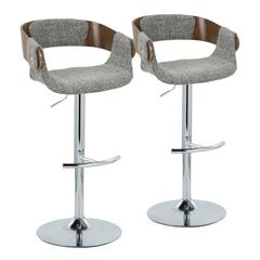Chrome Metal, Walnut Wood, Grey Fabric Elisa Adjustable Barstool - Set of 2