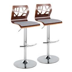 Chrome Metal, Walnut Wood, Grey Fabric Folia Adjustable Barstool - Set of 2