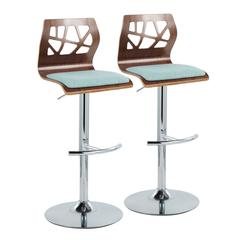Chrome Metal, Walnut Wood, Teal Fabric Folia Adjustable Barstool - Set of 2