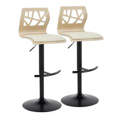 Black Metal, Natural Wood, Cream PU Folia Adjustable Barstool - Set of 2