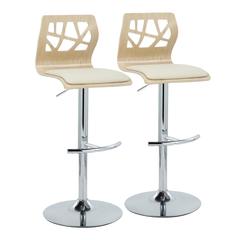 Chrome Metal, Natural Wood, Cream PU Folia Adjustable Barstool - Set of 2