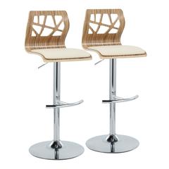 Chrome Metal, Zebra Wood, Cream PU Folia Adjustable Barstool - Set of 2