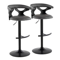 Black Wood, Black Metal, Grey PU Gardenia Adjustable Barstool - Set of 2