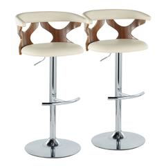 Chrome Metal, Walnut Wood, Cream PU Gardenia Adjustable Barstool - Set of 2