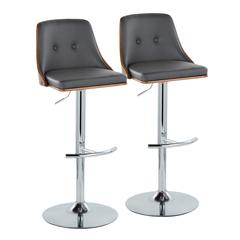 Chrome Metal, Walnut Wood, Grey PU Gianna Adjustable Barstool - Set of 2