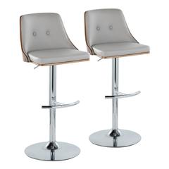 Chrome Metal, Walnut Wood, Light Grey PU Gianna Adjustable Barstool - Set of 2