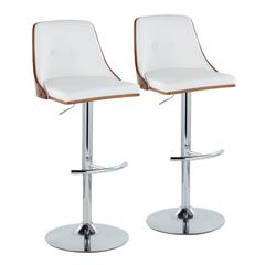 Chrome Metal, Walnut Wood, White PU Gianna Adjustable Barstool - Set of 2