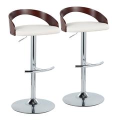 Chrome Metal, Cherry Wood, White PU Grotto Adjustable Barstool - Set of 2