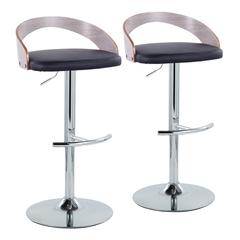 Chrome Metal, Light Grey Wood, Black PU Grotto Adjustable Barstool - Set of 2