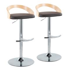 Chrome Metal, Natural Wood, Brown PU Grotto Adjustable Barstool - Set of 2