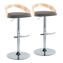 Chrome Metal, Natural Wood, Grey PU Grotto Adjustable Barstool - Set of 2