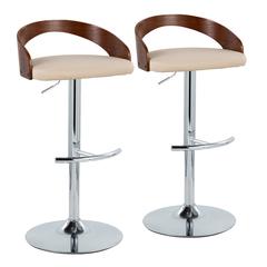 Chrome Metal, Walnut Wood, Cream PU Grotto Adjustable Barstool - Set of 2