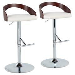 Chrome Metal, Cherry Wood, White PU Grotto Adjustable Barstool - Set of 2