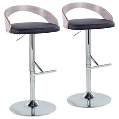Chrome Metal, Light Grey Wood, Black PU Grotto Adjustable Barstool - Set of 2