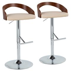 Chrome Metal, Walnut Wood, Cream PU Grotto Adjustable Barstool - Set of 2