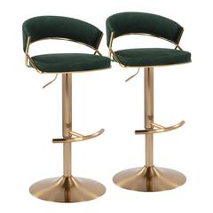 Gold Metal, Green Velvet Jie Adjustable Barstool - Set of 2