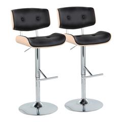 Chrome Metal, Natural Wood, Black PU Lombardi Adjustable Barstool - Set of 2