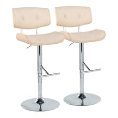 Chrome Metal, Natural Wood, Cream PU Lombardi Adjustable Barstool - Set of 2