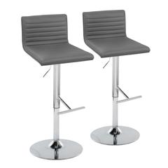 Chrome Metal, Walnut Wood, Grey PU Mason Adjustable Barstool - Set of 2