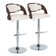 Chrome Metal, Cherry Wood, White PU Pino Adjustable Barstool - Set of 2