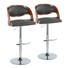 Chrome Metal, Walnut Wood, Grey PU Pino Adjustable Barstool - Set of 2