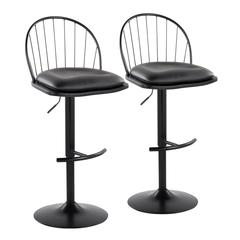 Black Metal, Black Wood, Black PU Riley Adjustable Barstool - Set of 2