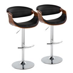 Chrome Metal, Walnut Wood, Grey PU Symphony Adjustable Barstool - Set of 2