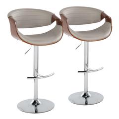 Chrome Metal, Walnut Wood, Grey PU Symphony Adjustable Barstool - Set of 2