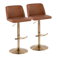 Camel PU, Gold Metal Toriano Adjustable Barstool - Set of 2