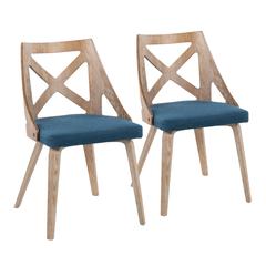 White Washed Wood, Blue Fabric Charlotte Chair - Set of 2