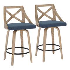 White Washed Wood, Blue Fabric Charlotte Counter Stool - Set of 2
