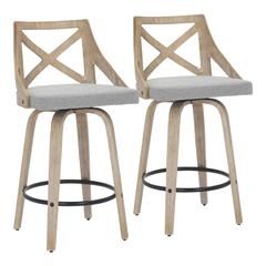 White Washed Wood, Light Grey Fabric Charlotte Counter Stool - Set of 2