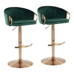 Gold Steel, Green Velvet Claire Adjustable Bar Stool - Set of 2