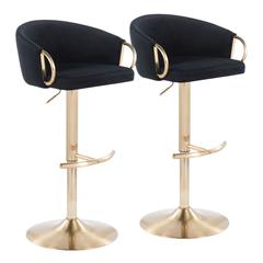 Gold Metal, Black Velvet Claire Adjustable Bar Stool - Set of 2