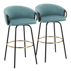 Black Metal, Gold Metal, Light Blue Velvet Claire Barstool - Set of 2
