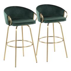 Gold Metal, Green Velvet Claire 30" Fixed-Height Bar Stool - Set of 2