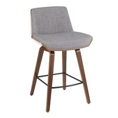 Walnut Wood, Light Grey Fabric, Black Metal Corazza Counter Stool